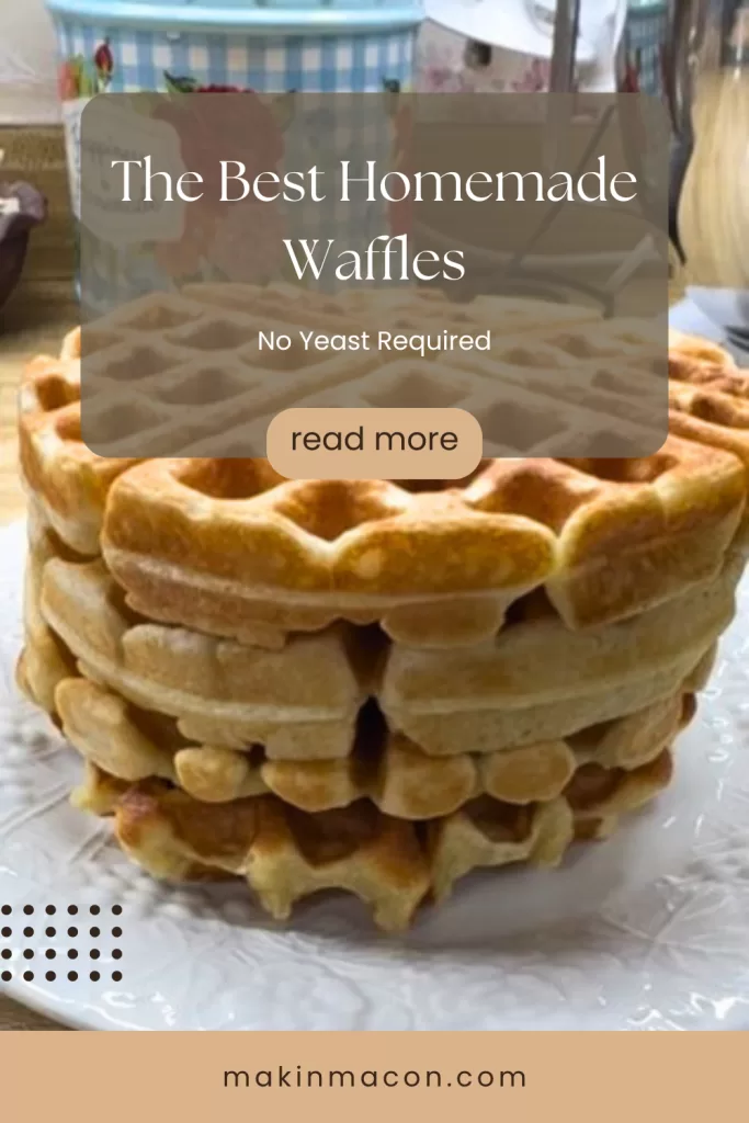 Simple homemade waffles stacked on a plate, golden and fluffy, made without yeast.