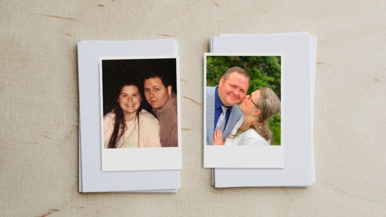 Two polaroid-style photos showing a couple young and newly in love on the left and joyfully married years later on the right