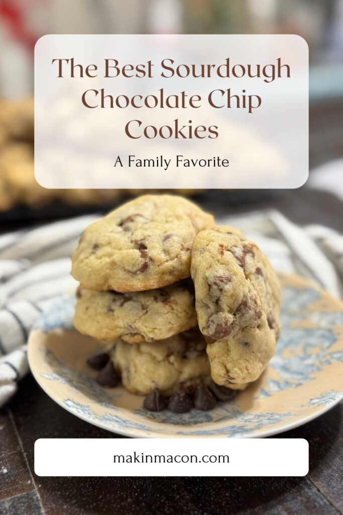 Stack of golden sourdough chocolate chip cookies on a vintage blue floral plate, with text overlay that reads “The Best Sourdough Chocolate Chip Cookies – A Family Favorite.”