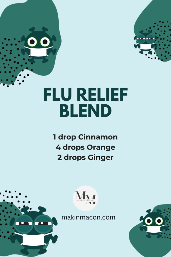 Flu Relief Blend Pinterest pin featuring cartoon virus icons wearing masks and text listing the blend: 1 drop Cinnamon, 4 drops Orange, 2 drops Ginger.
