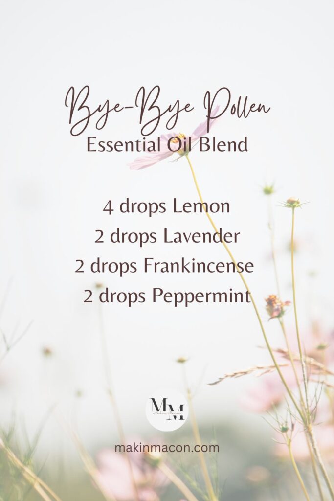 Essential oil diffuser blend graphic with recipe for Bye-Bye Pollen featuring lemon, lavender, frankincense, and peppermint on a soft floral background.