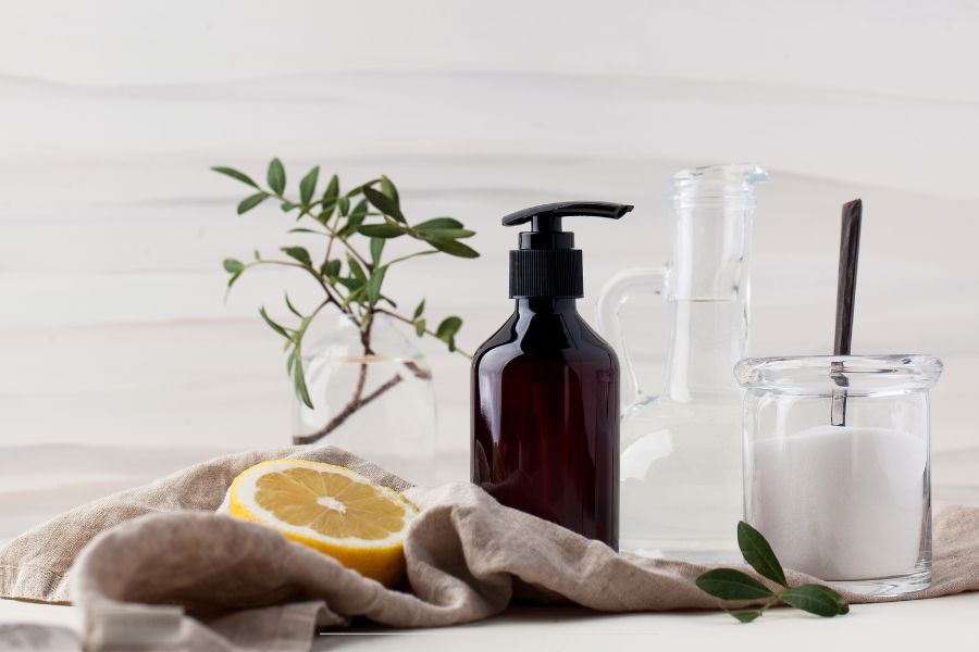 Natural cleaning supplies with lemon, glass jars, and a brown pump bottle on a linen cloth