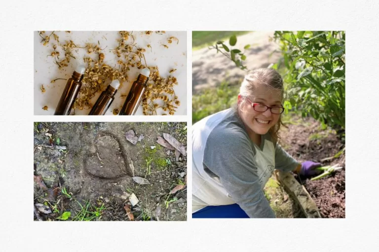 Collage with amber roller bottles and dried herbs, a heart pressed in garden soil, and a smiling woman gardening—banner for Ache-Be-Gone roller blend after yard work.