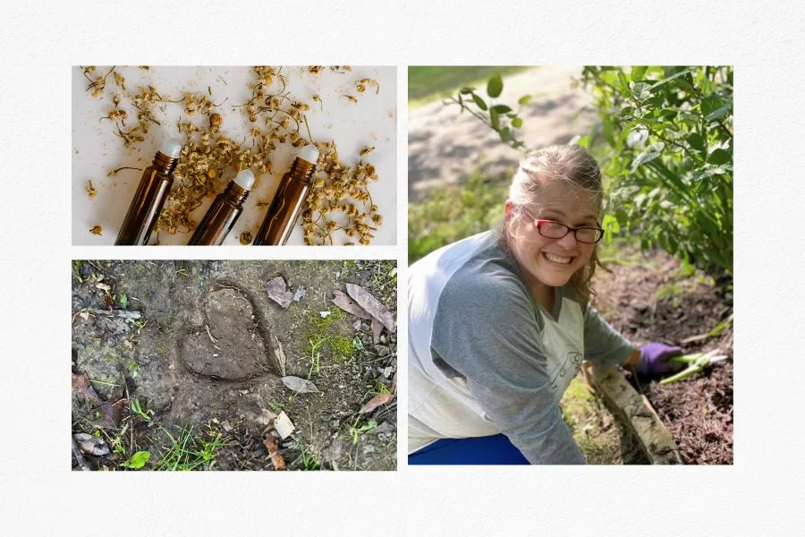 Collage with amber roller bottles and dried herbs, a heart pressed in garden soil, and a smiling woman gardening—banner for Ache-Be-Gone roller blend after yard work.