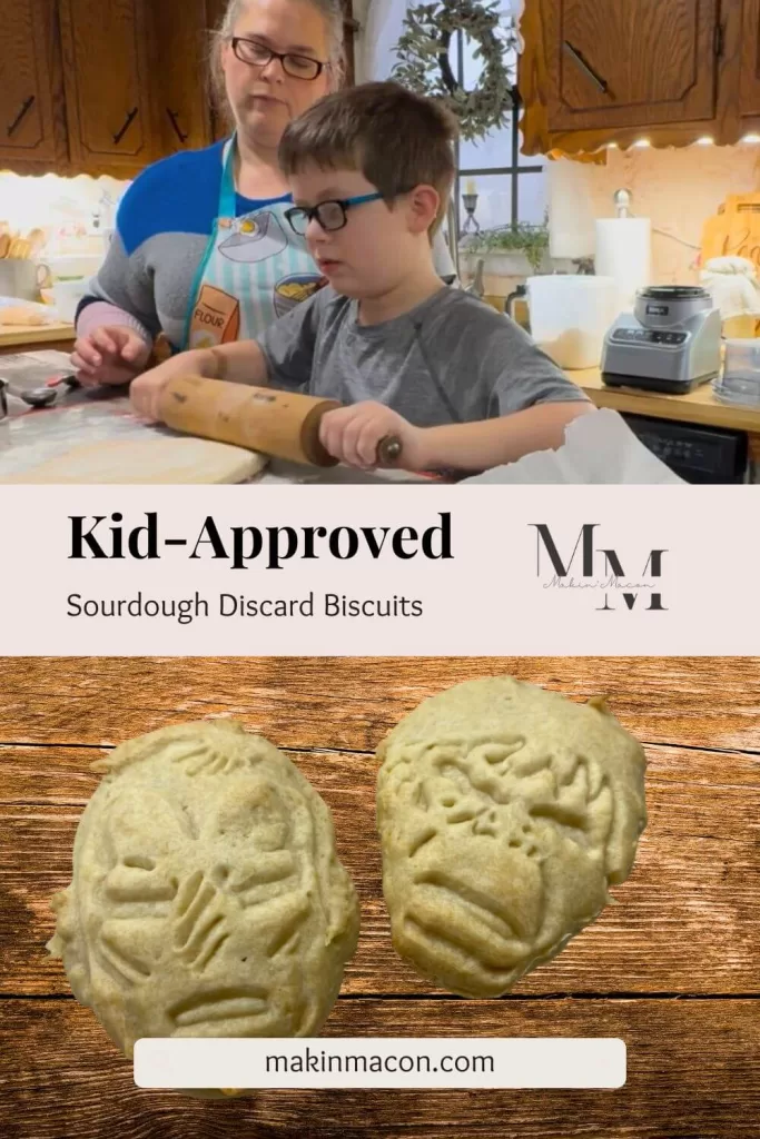 Mother and son baking sourdough biscuits together with superhero-shaped biscuits shown below; text overlay reads “Kid-Approved Sourdough Discard Biscuits”