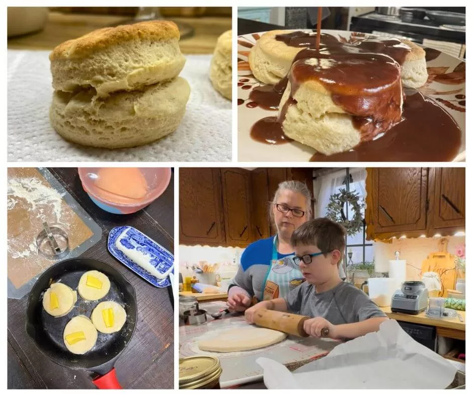 Collage showing the sourdough biscuit process: baked biscuits, chocolate gravy, cast iron prep, and a mom and son baking together in a home kitchen.