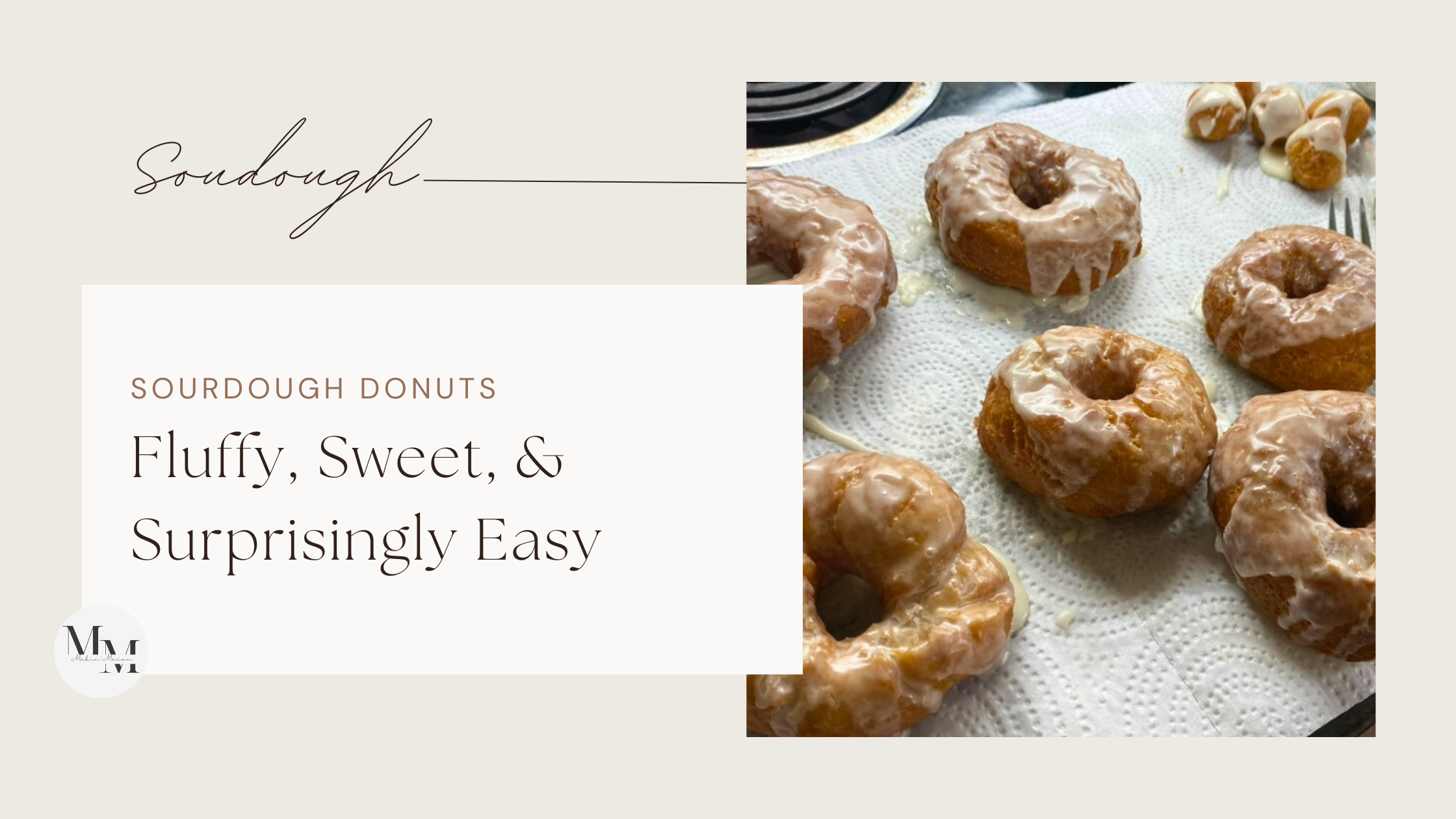 Freshly glazed sourdough donuts on paper towels after frying, showing their fluffy texture and golden brown color.