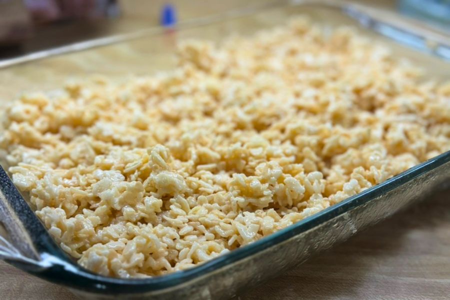 Easy vanilla rice krispie treats in a glass dish soft and gooey dessert