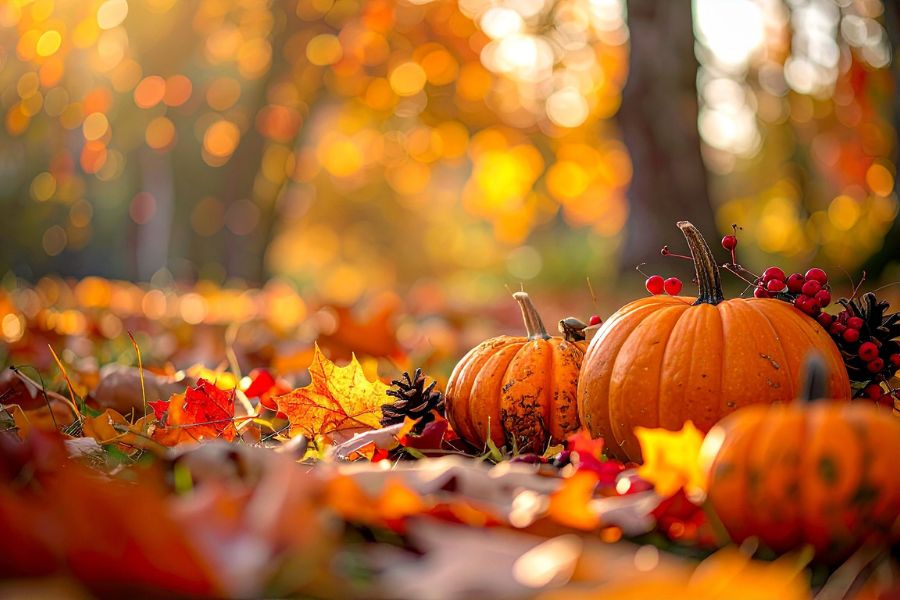 Pumpkins and fall leaves in a warm autumn setting creating a cozy seasonal atmosphere