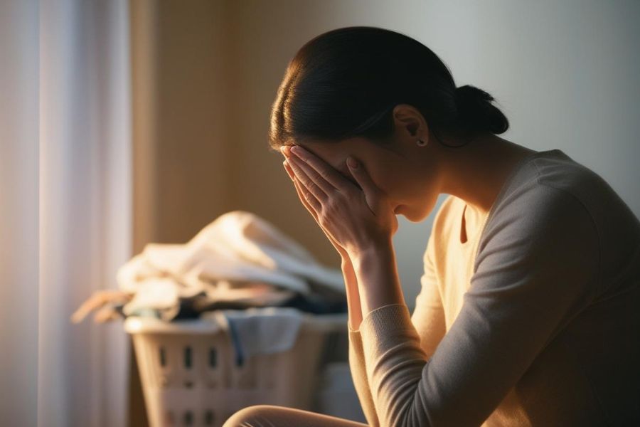 Woman sitting with head in hands showing overwhelm before choosing a Mary heart over busyness