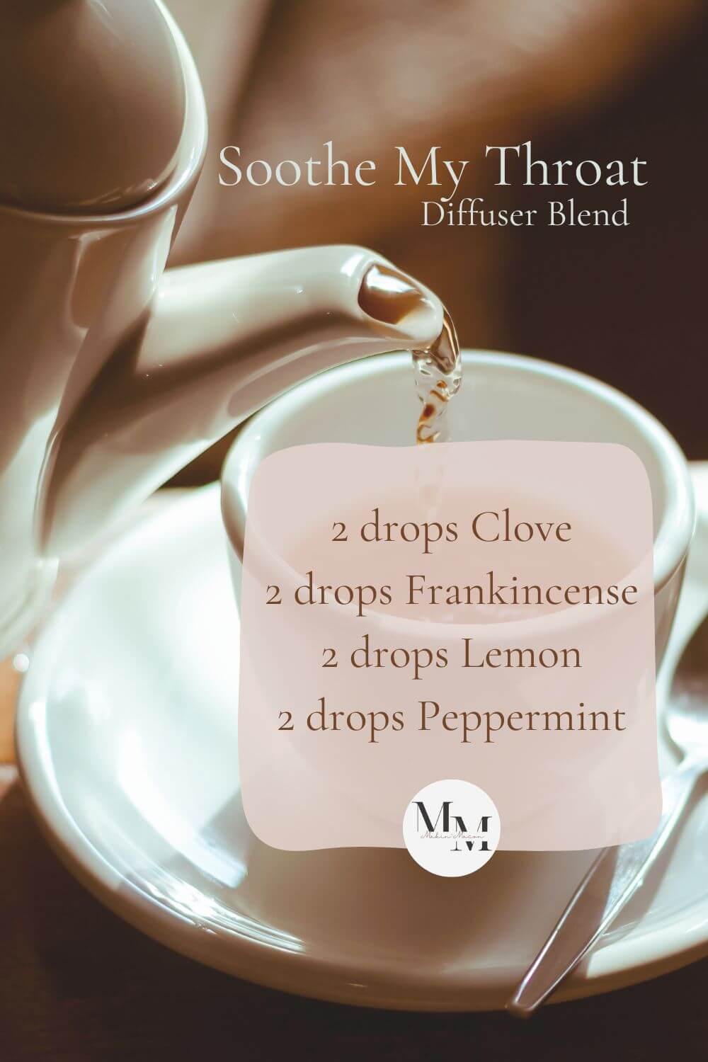 Essential oil diffuser blend recipe for sore throat with clove, frankincense, lemon, and peppermint