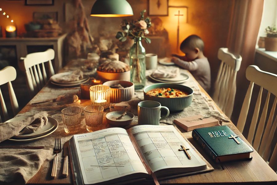 Family dinner table with Bible, meal, and cozy lighting representing prioritizing family in everyday life