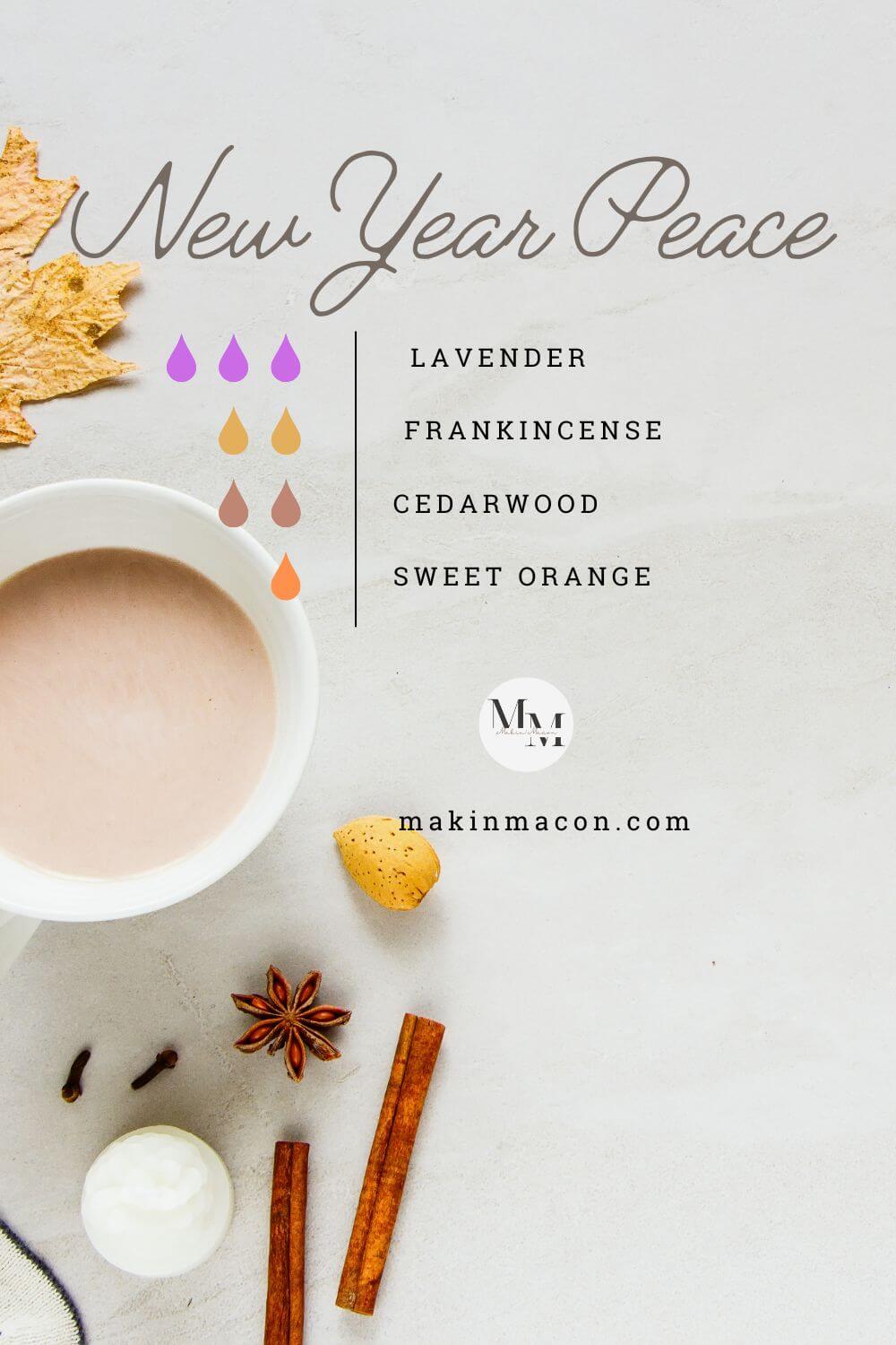 New Year essential oil blend for peace with lavender, frankincense, cedarwood, and sweet orange