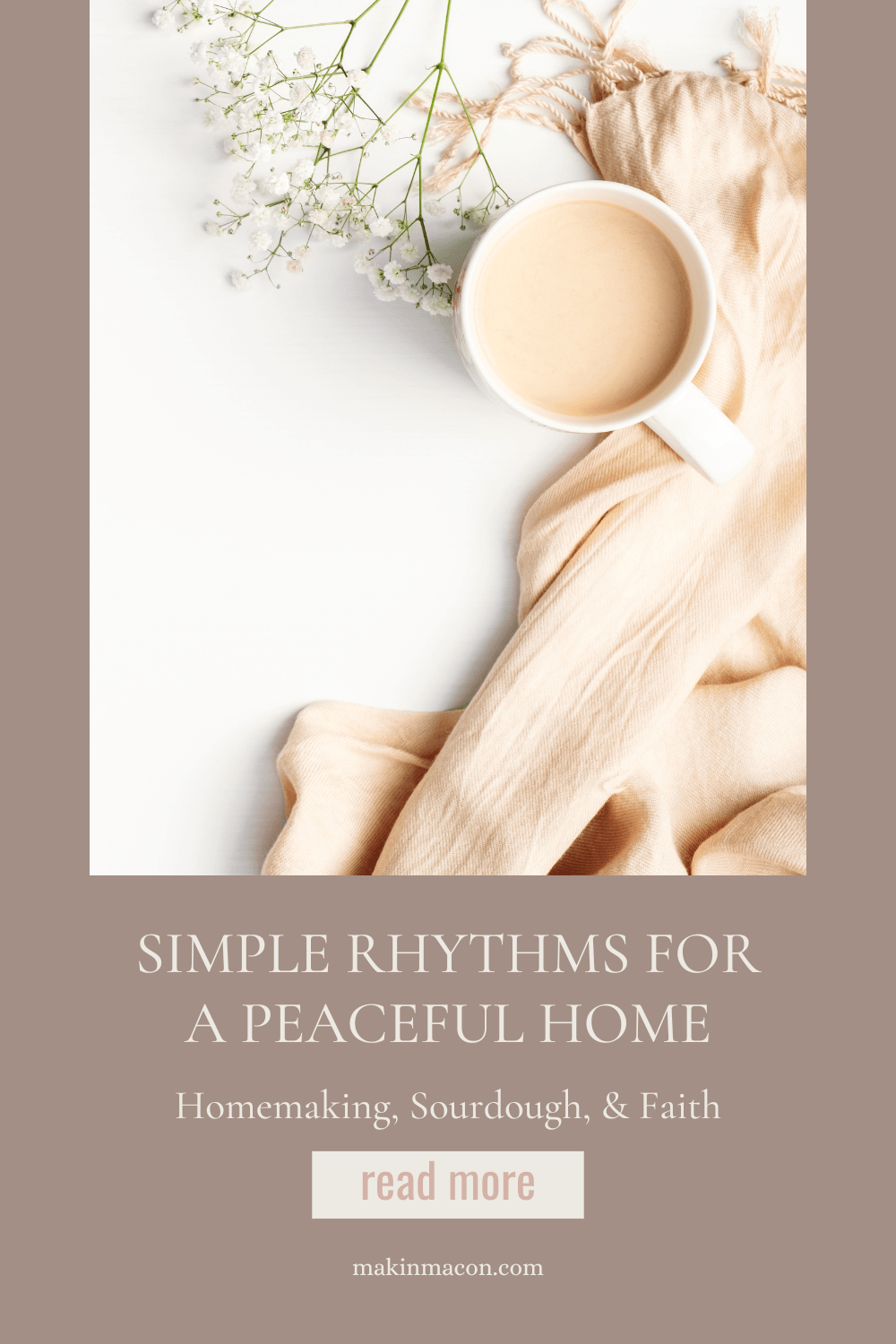 Cozy coffee setup with soft linens and flowers representing simple rhythms for a peaceful home