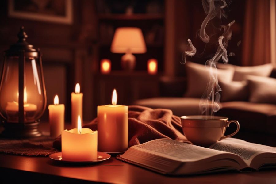 Cozy living room with candles, open Bible, and warm drink creating a peaceful and inviting atmosphere