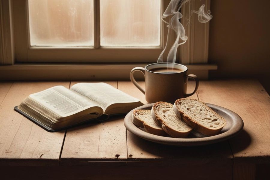 Open Bible, warm coffee, and bread on a wooden table representing a peaceful and full heart