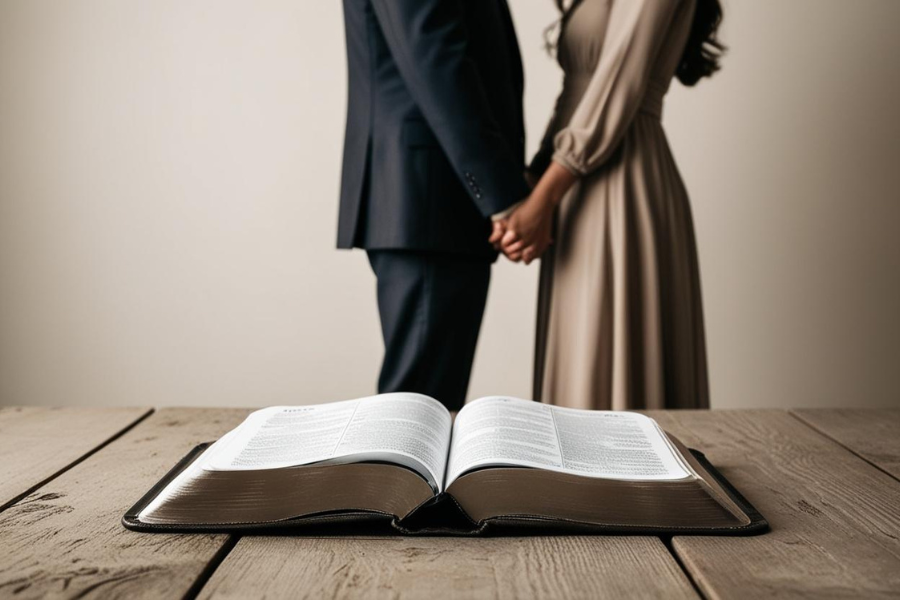 Couple holding hands behind an open Bible representing faith and love in marriage