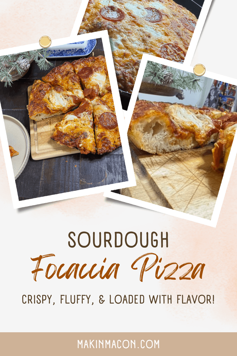 Sourdough focaccia pizza collage showing crispy edges, fluffy texture, and cheesy pepperoni slices