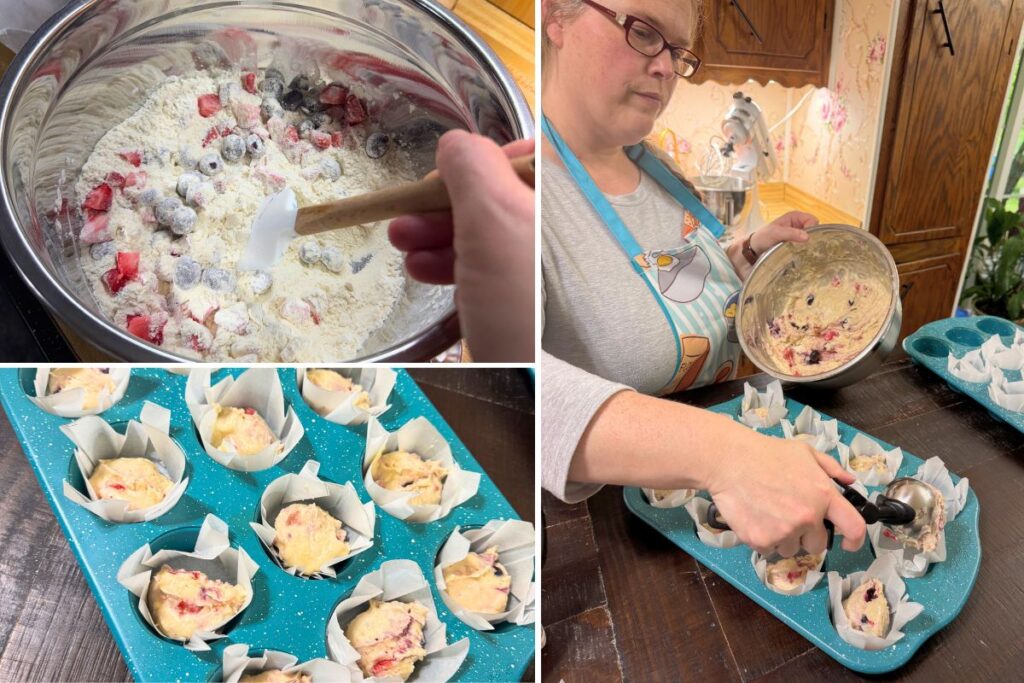Collage of strawberry and blueberry sourdough muffins being mixed, scooped into parchment liners, and prepared in a teal muffin tin.