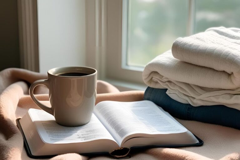 A warm mug of coffee resting on an open Bible beside folded laundry near a sunlit window