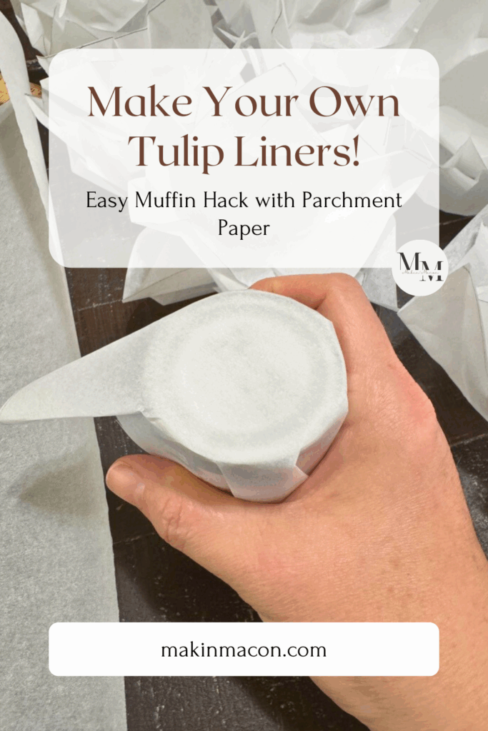 Hand shaping a square of parchment paper over a small can to form a homemade tulip muffin liner.