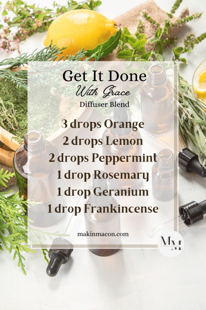 Essential oil diffuser blend recipe with orange, lemon, peppermint, rosemary, geranium, and frankincense oils displayed on a natural background
