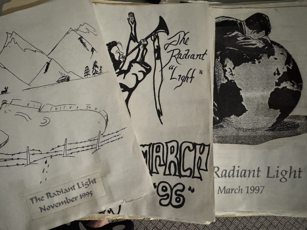 Hand-drawn covers of “The Radiant Light” church bulletins from 1995–1997, created by Susan during her early ministry years.