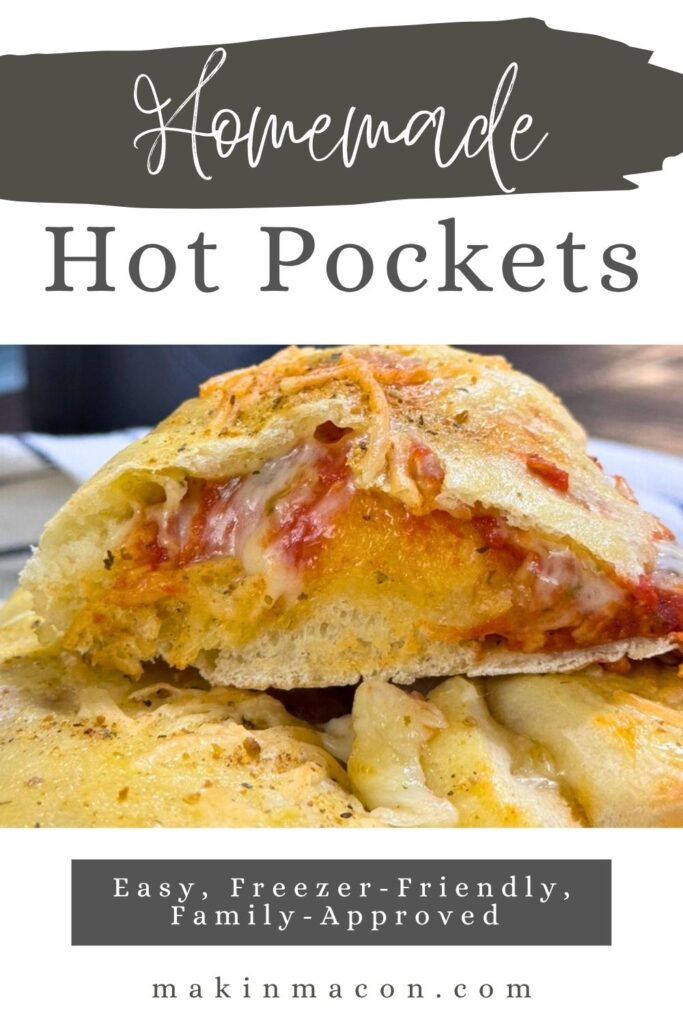 Close-up of homemade pizza pockets with melted cheese and golden crust, overlaid with text reading “Homemade Hot Pockets – Easy, Freezer-Friendly, Family-Approved.”