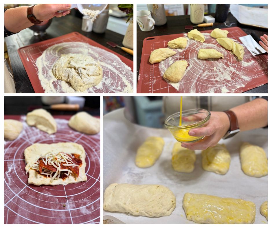 Step-by-step collage showing homemade pizza pocket dough being kneaded, divided, filled with sauce and cheese, and brushed with egg wash before baking.
