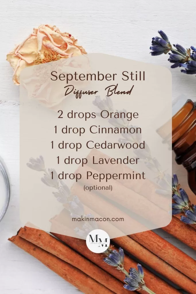 September Still essential oil diffuser blend listed on a fall-themed pin with cozy, calming oils like orange, cinnamon, cedarwood, lavender, and peppermint.
