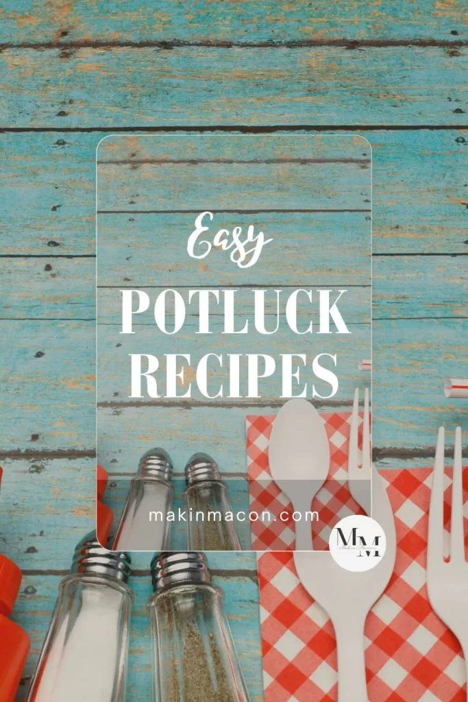 Blue wood background with ketchup, mustard, and utensils next to text overlay reading “Easy Potluck Recipes”—perfect for sharing at church or family gatherings.