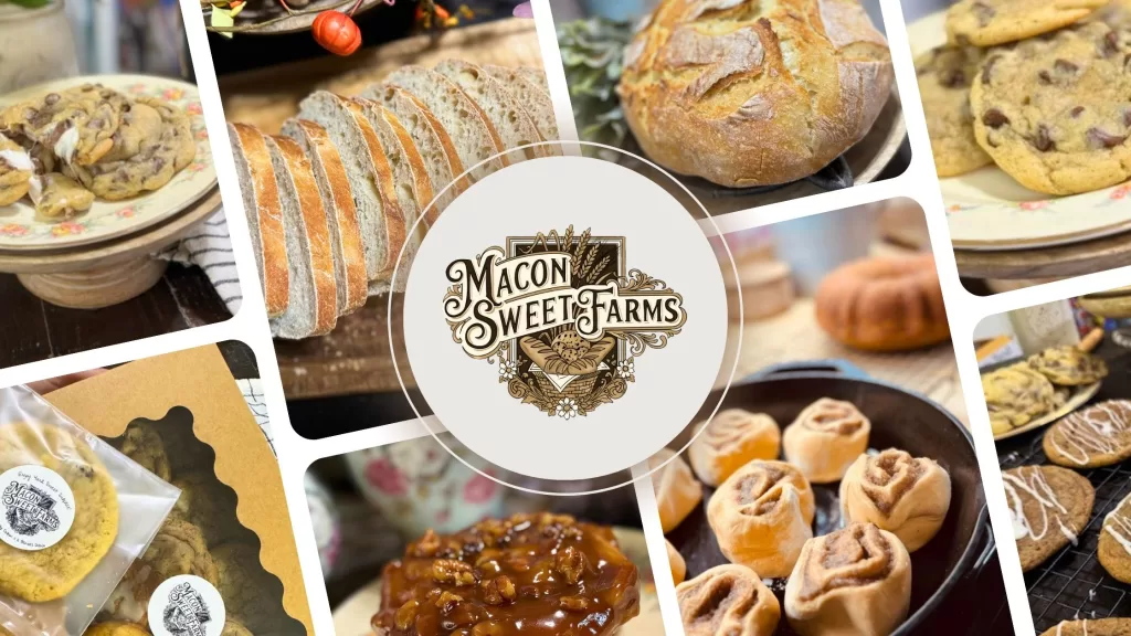 Macon Sweet Farms logo surrounded by fresh sourdough cookies, breads, and cinnamon rolls — local home bakery in Savannah, Tennessee.