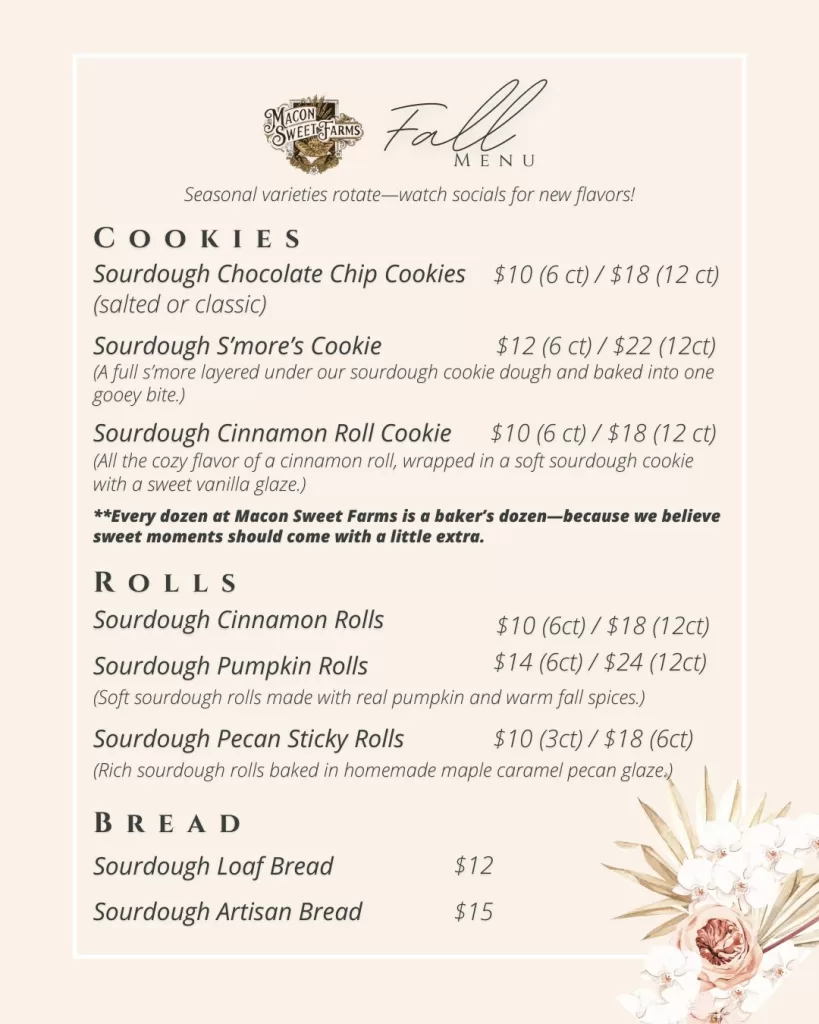 Macon Sweet Farms Fall Menu featuring sourdough cookies, rolls, and breads for local pickup in Savannah, Tennessee.