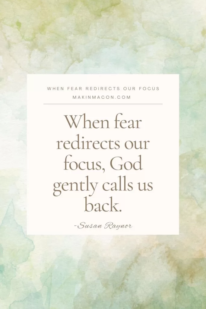Quote graphic with soft watercolor background reading, “When fear redirects our focus, God gently calls us back.” A reminder from Haggai.
