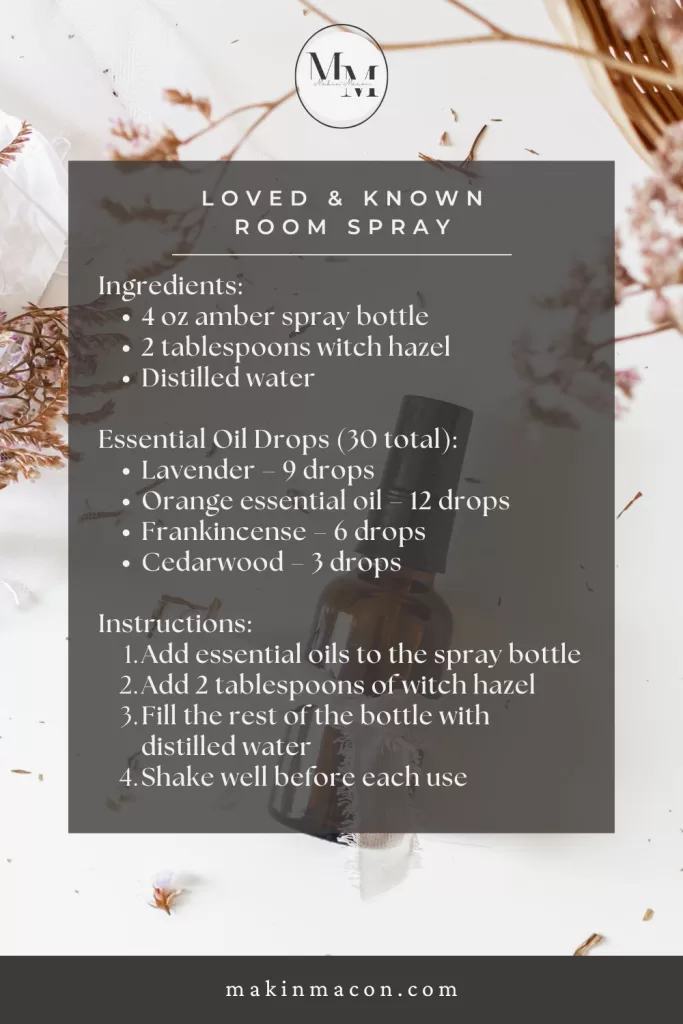 Loved and Known February essential oil room spray recipe in an amber spray bottle with lavender, orange, frankincense, and cedarwood.