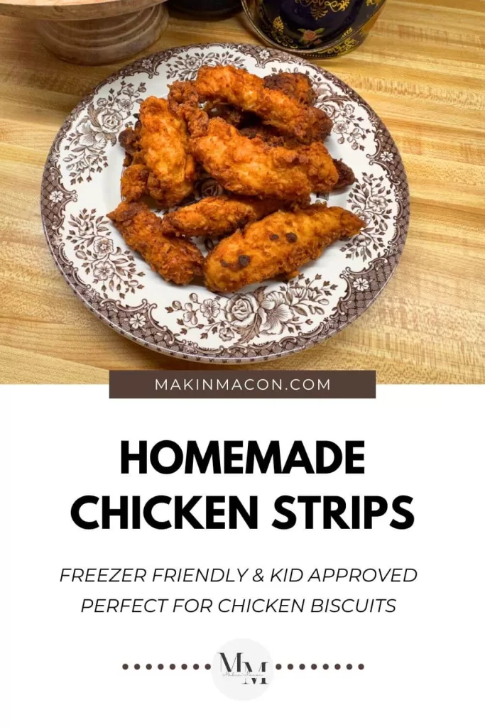 Homemade chicken strips that are freezer friendly and kid approved served on a floral plate