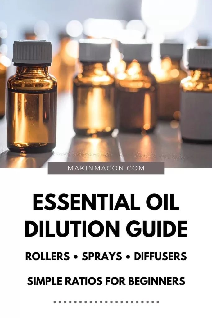 Essential oil dilution guide showing simple ratios for rollers, sprays, and diffusers using beginner-friendly blending guidelines