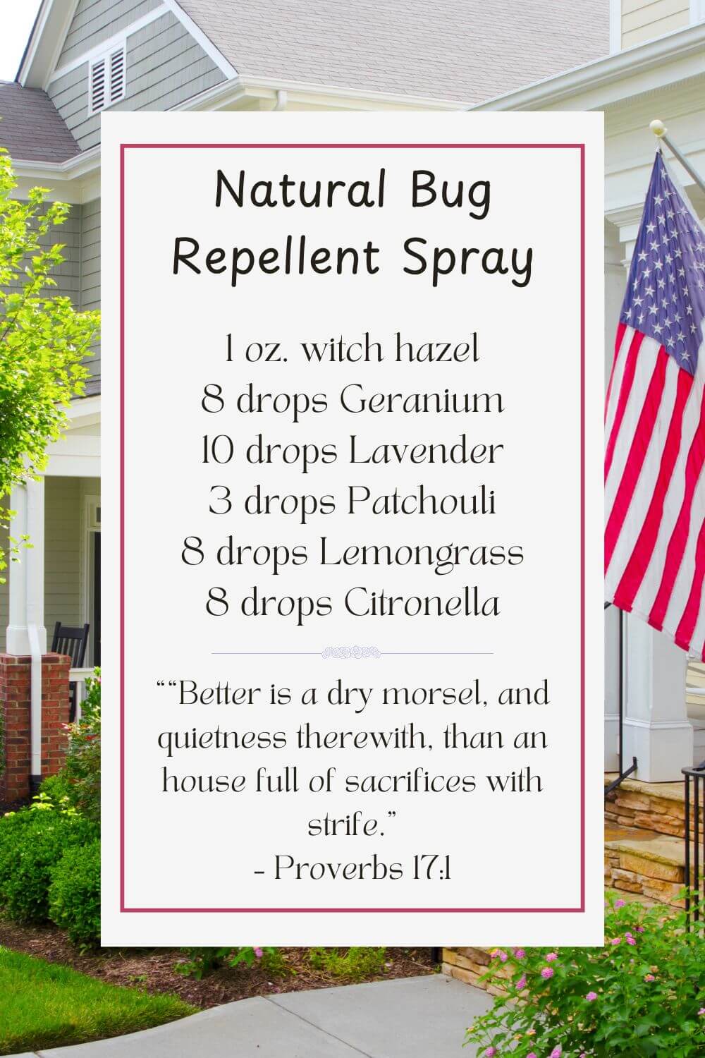 Natural bug repellent spray for mosquitoes and summer porch gatherings with essential oils and a peaceful front porch background