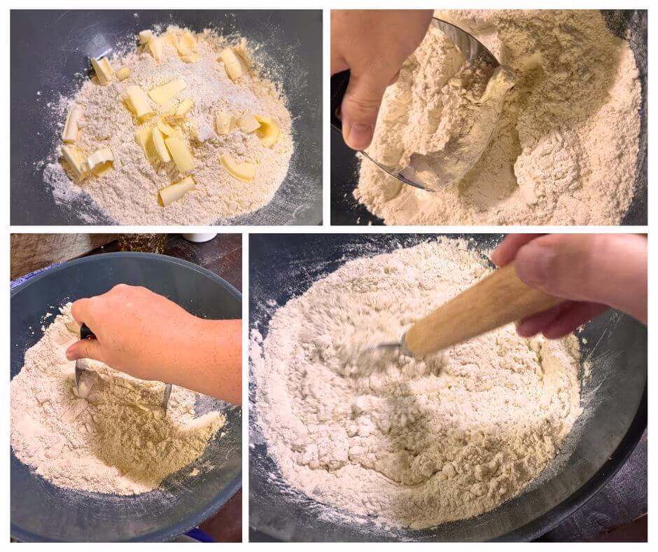 Step-by-step collage showing how to make homemade dumpling dough by cutting cold butter into flour and mixing the dough for homemade chicken and dumplings.