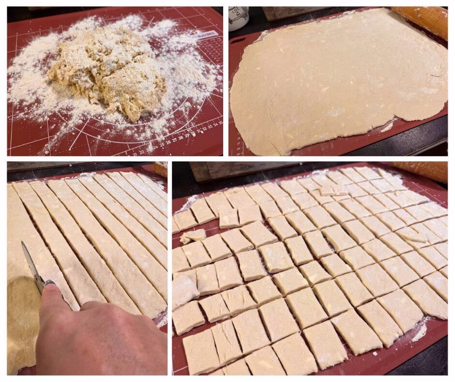 Step-by-step collage showing homemade dumpling dough rolled out, cut into strips, and sliced into squares for homemade chicken and dumplings.