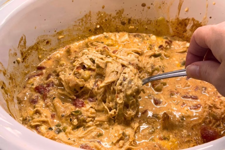 Creamy crockpot crack chicken made with shredded chicken, cream cheese, ranch seasoning, diced tomatoes, green chilies, bacon, and cheddar cheese, cooking in a slow cooker with a spoon lifting a serving.