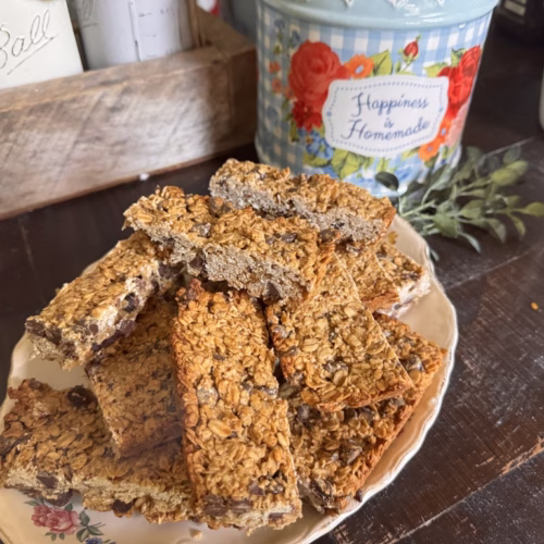Stacked sourdough granola bars filled with oats and chocolate chips on a vintage floral plate.