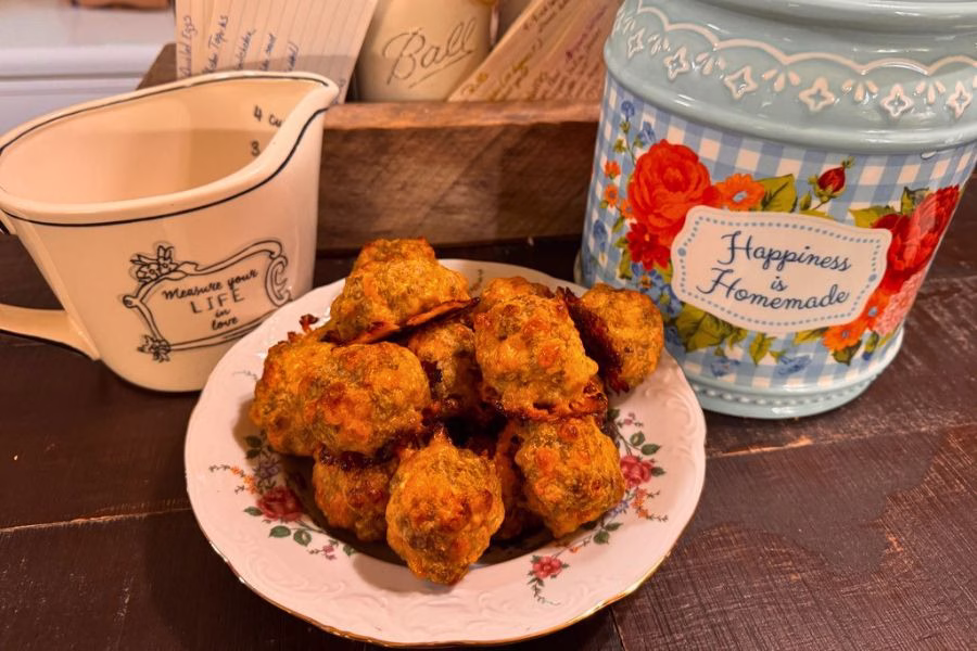 Plate of homemade low-carb sausage balls made with sausage, cheddar cheese, cream cheese, and coconut flour beside vintage kitchen décor.
