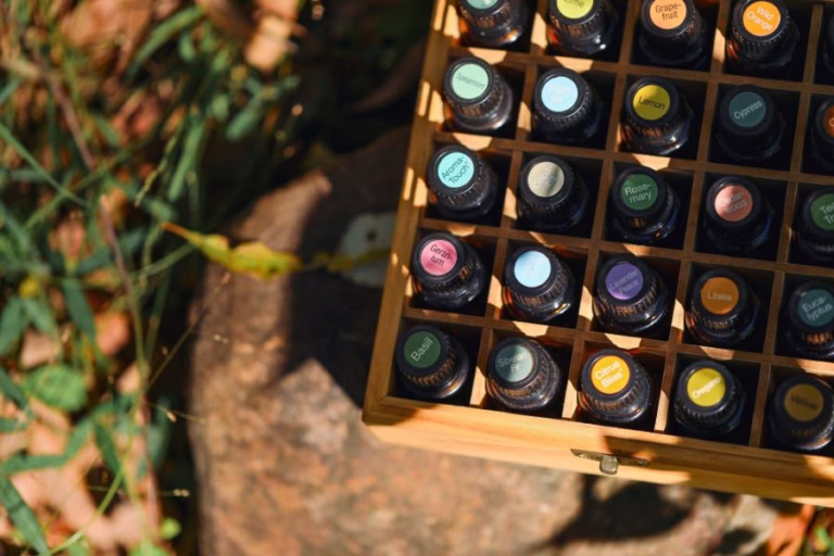 Essential oil storage box featuring the best essential oils for homemakers and everyday life, including lavender, lemon, peppermint, and eucalyptus.