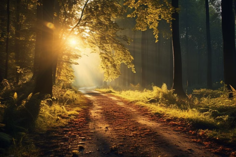 Sunlight streams through tall trees onto a quiet woodland path, symbolizing the peaceful moments of seeking God’s direction and listening for His voice.